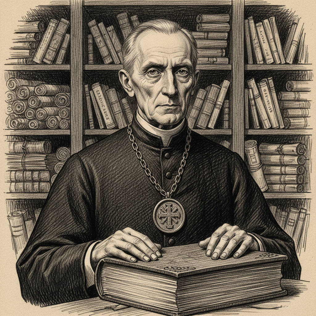 Charcoal portrait of Archon Benedict Veyrault, an elderly monk-bureaucrat in late-Victorian clerical vestments, gaunt face above a high banded collar, thin fingers resting on a massive registry book.
