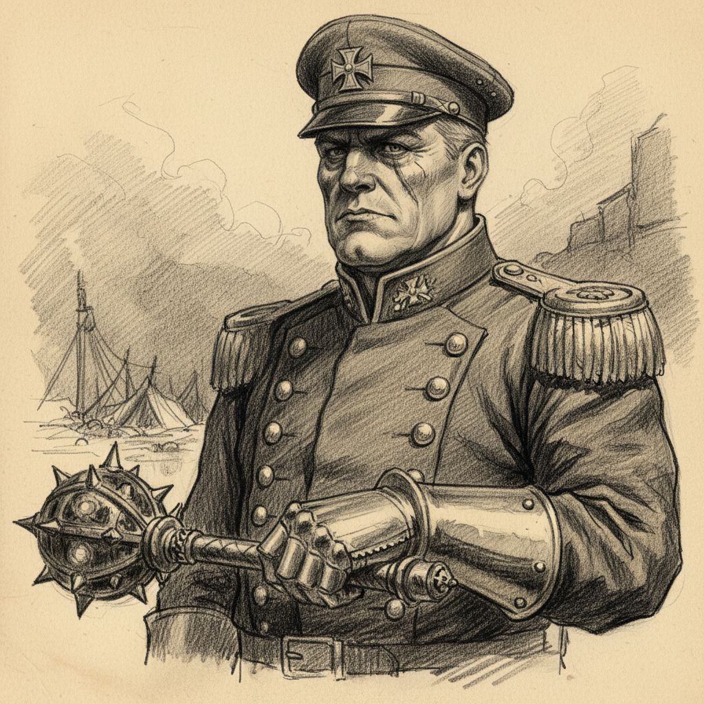 Charcoal portrait of Bishop-Warden Clemens Stahlhand in military cassock and peaked kepi, steel gauntlet resting on a reliquary mace, scarring across the left cheek.