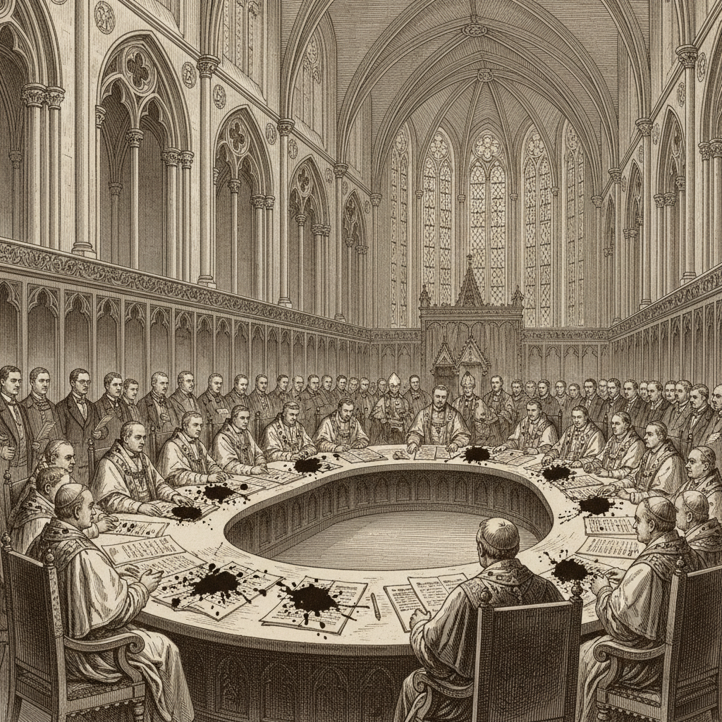 Steel engraving of a grand ecclesiastical council chamber in a Gothic cathedral, bishops at a semicircular table strewn with ink-blotched documents.