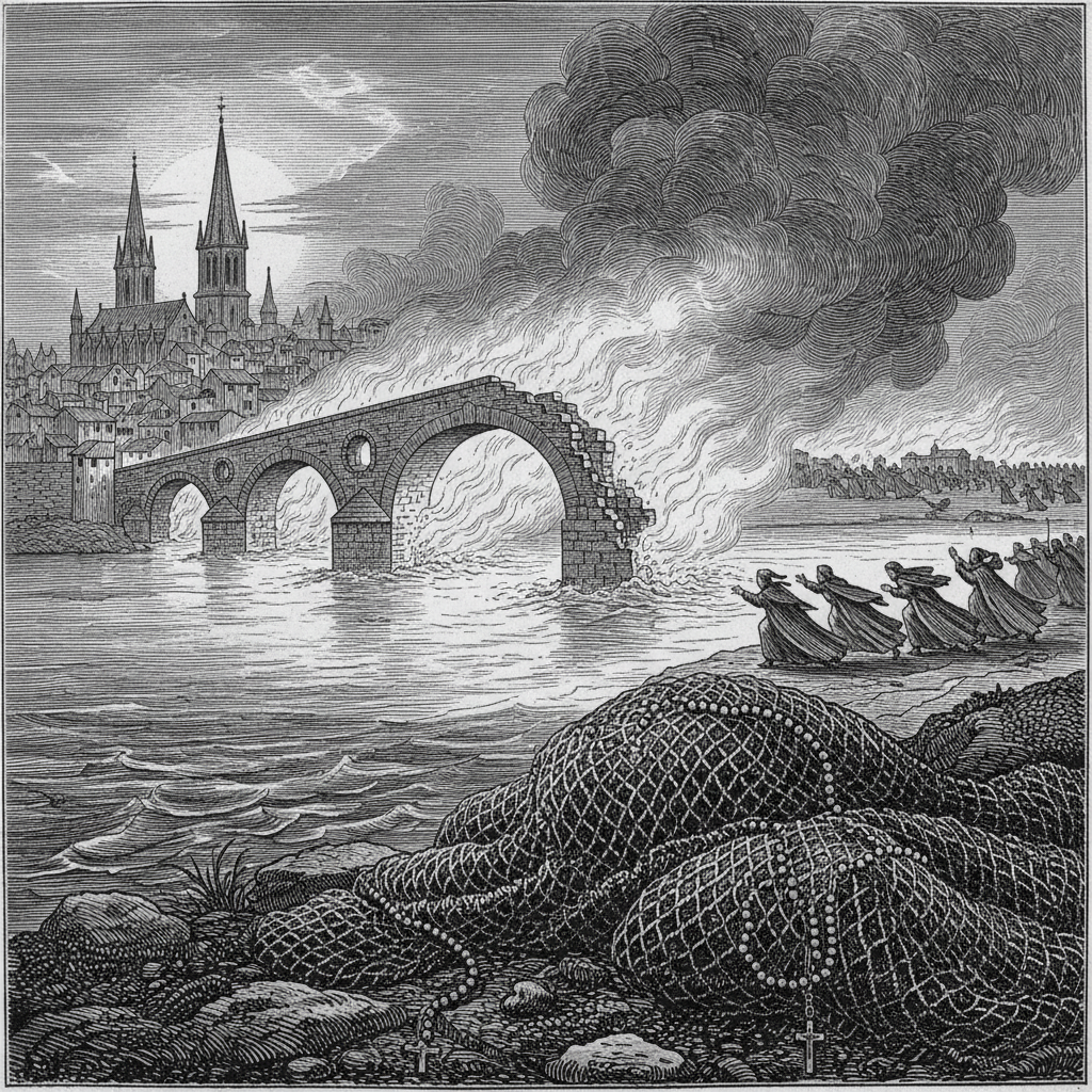 Steel engraving of a medieval French city burning along a river, cathedral spires wreathed in smoke, fleeing clergy silhouetted against flames, rosaries tangled in fishing nets in the foreground.