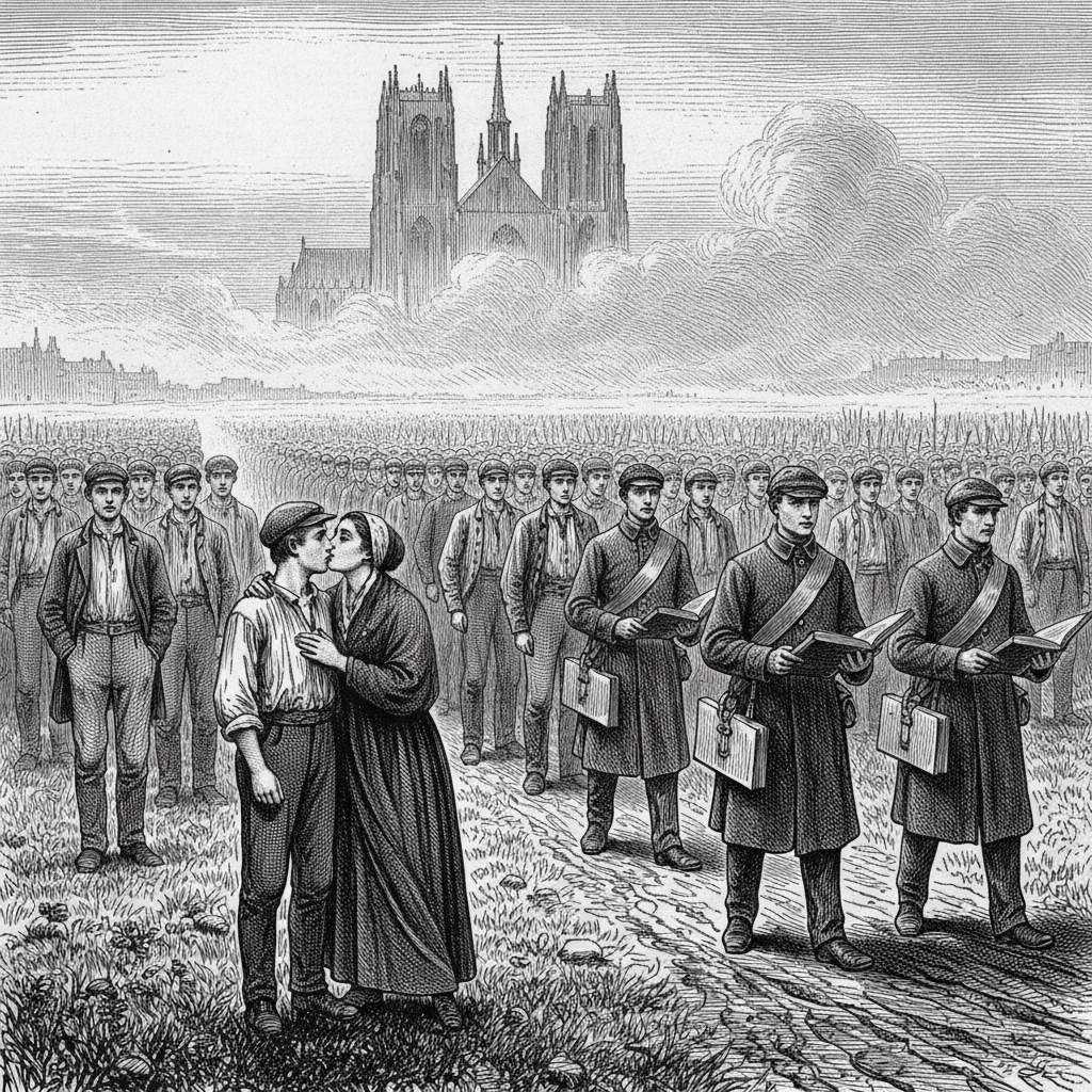Steel engraving of a vast mustering field at dawn, long lines of young men in civilian clothes being processed by military officers carrying ledgers, cathedral spires in the fog behind.