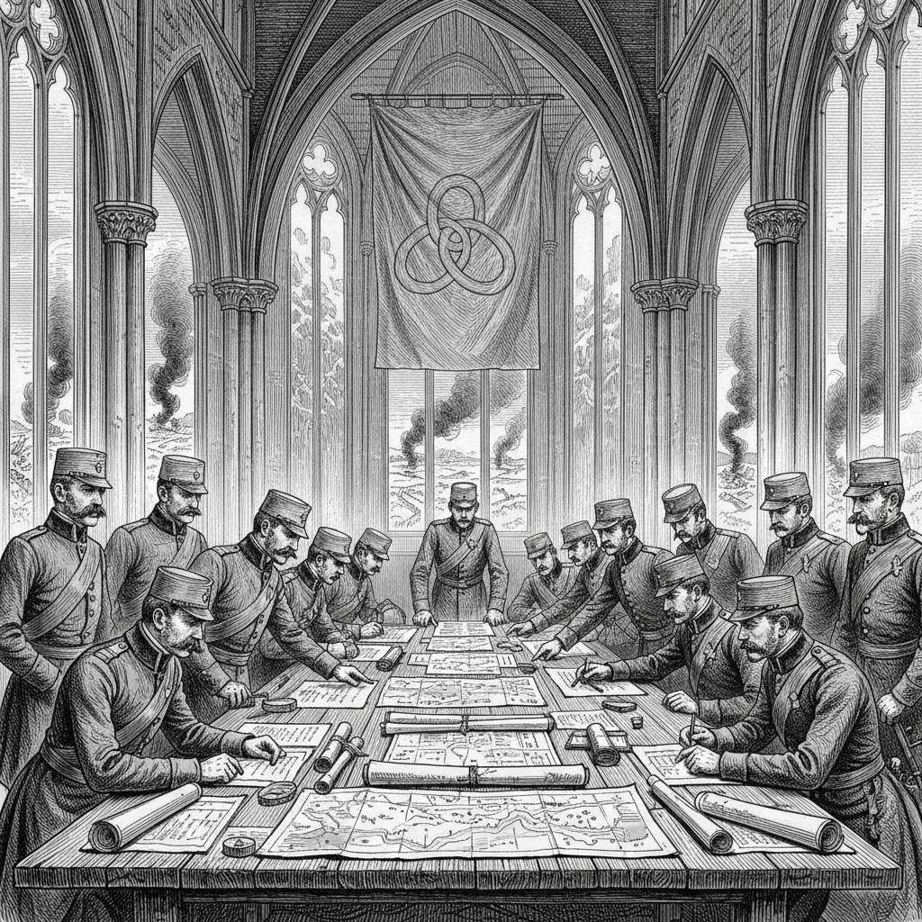 Steel engraving of a military chapel converted to a war room, officers in greatcoats gathered around campaign maps beneath Gothic arches.