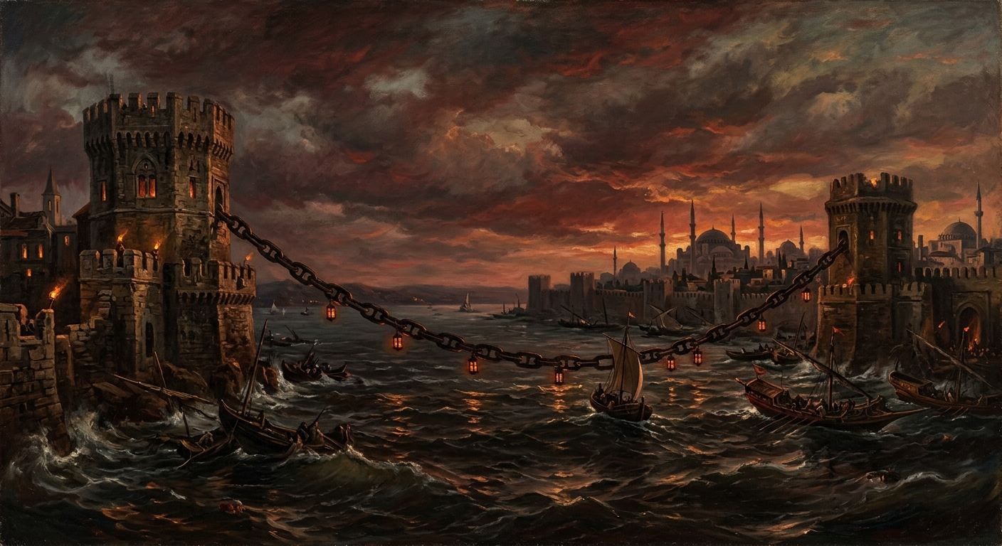 An oil painting depicting the Harbor Chains of Constantinople at dusk — massive iron links hung with lanterns stretching across the Bosphorus between two ancient Byzantine towers, the water below churned and dark.