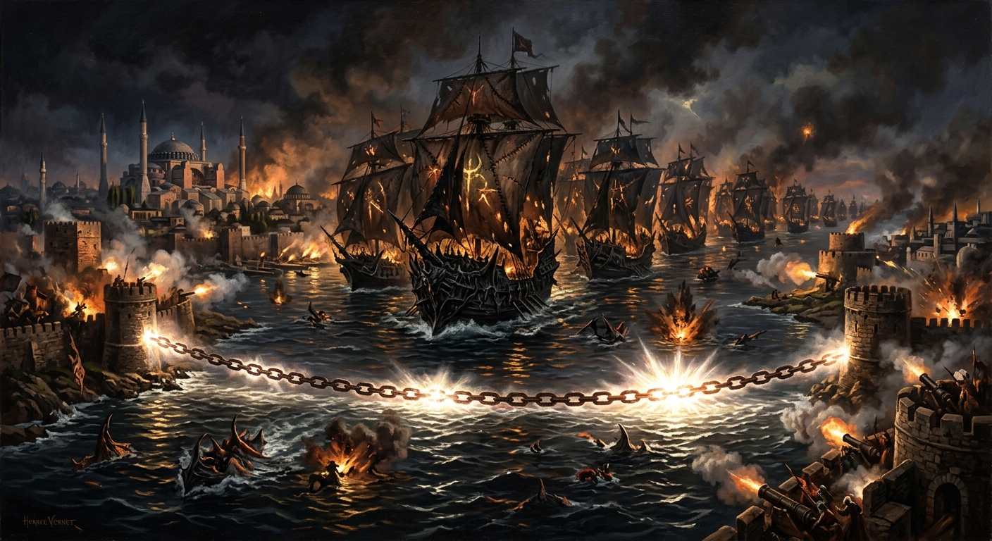 A panoramic battle painting of forty-seven demon warships entering the Bosphorus strait at night, the harbor chains blazing white-hot with divine resonance, artillery fire erupting from the fortress ravelins on both shores.
