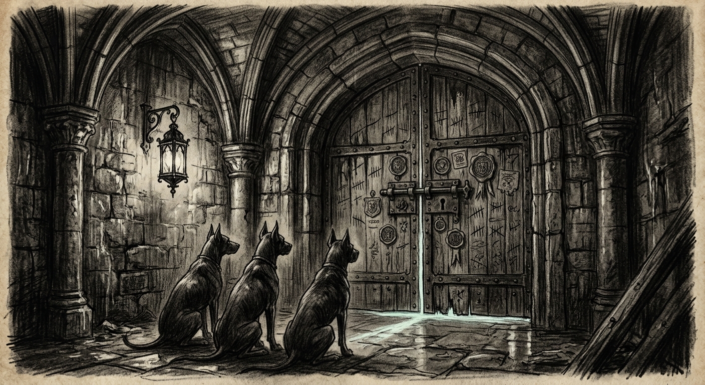 A charcoal sketch of the sealed entrance to the Third Ossuary — a heavy stone archway sealed with iron bolts and layered wax stamps, three garrison dogs sitting motionless before it, a pale wrong light bleeding from beneath the door.