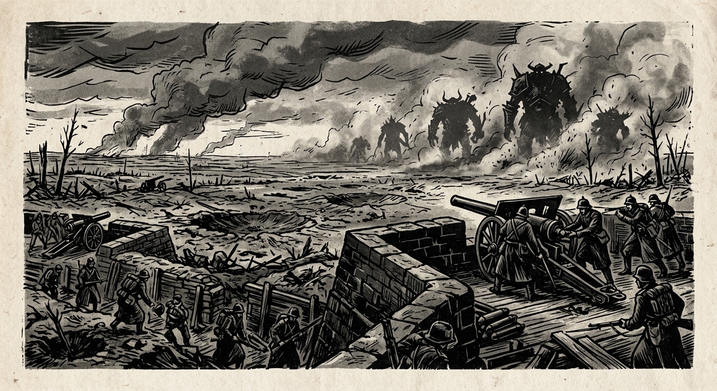 A bold woodcut of the Thracian Plain looking north from the Ravelin of Vigilance — ash-churned earth, trenchwork, artillery positions, and enormous demonic silhouettes advancing through smoke in the far distance.