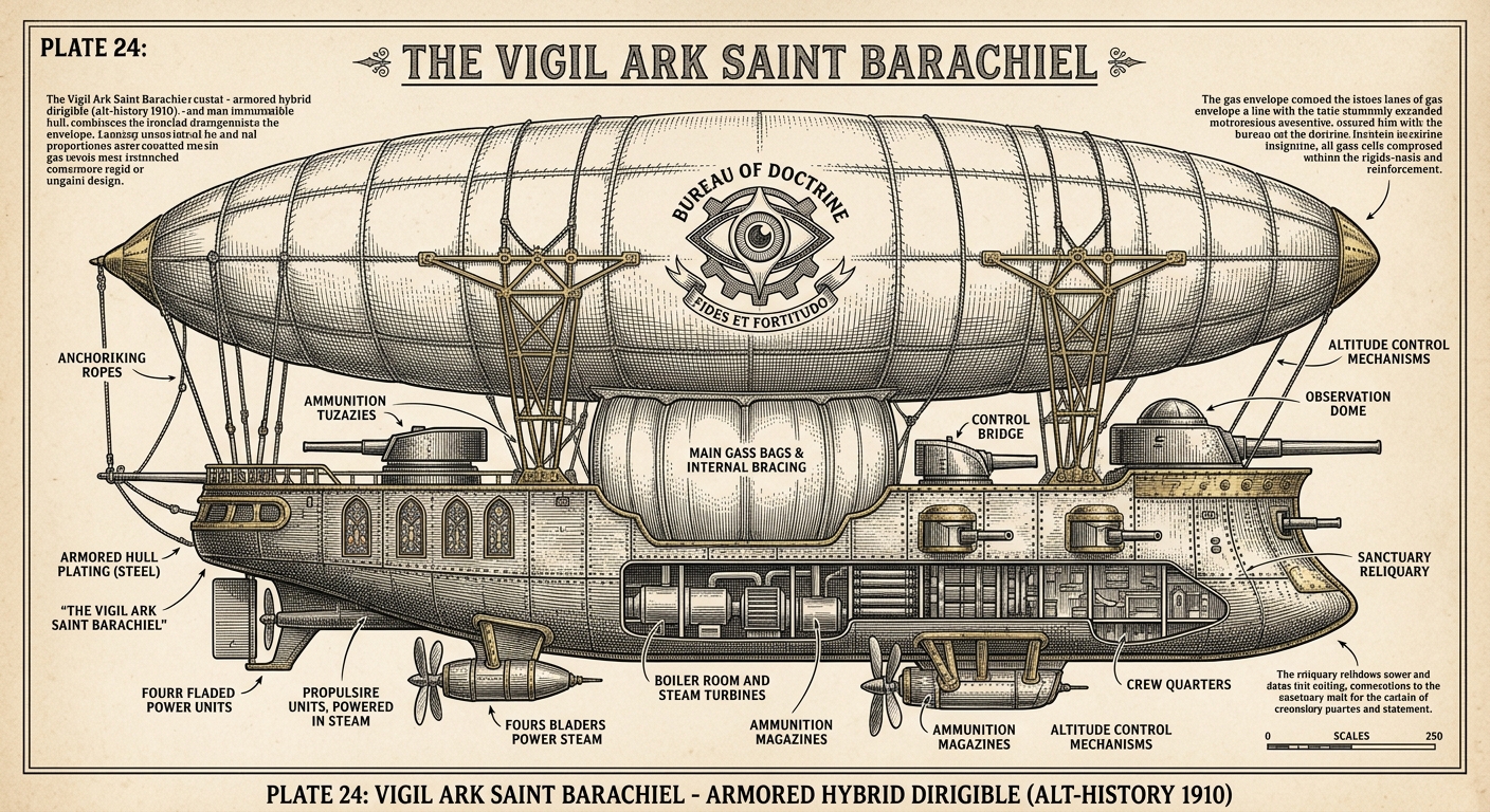 Victorian cutaway engraving of the Vigil Ark Saint Barachiel — armored airship with ironclad hull beneath a rigid gas envelope. Brass fittings, reliquary windows, cannon ports. The proportions are slightly wrong in an indefinable way.
