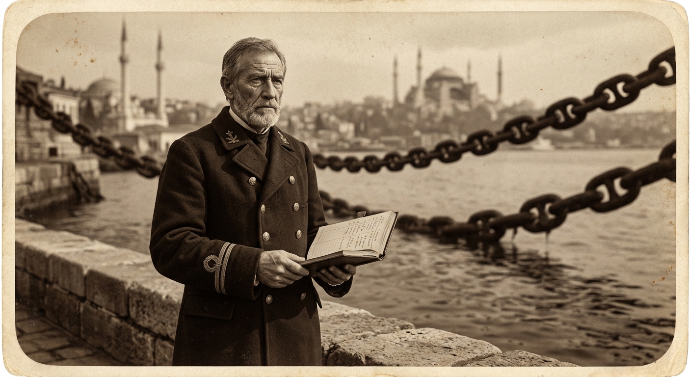 A sepia-toned Victorian portrait photograph of an aged harbor official standing at a stone quay wall, dormant iron chains behind him crossing the Bosphorus, an open inspection ledger in his hands.