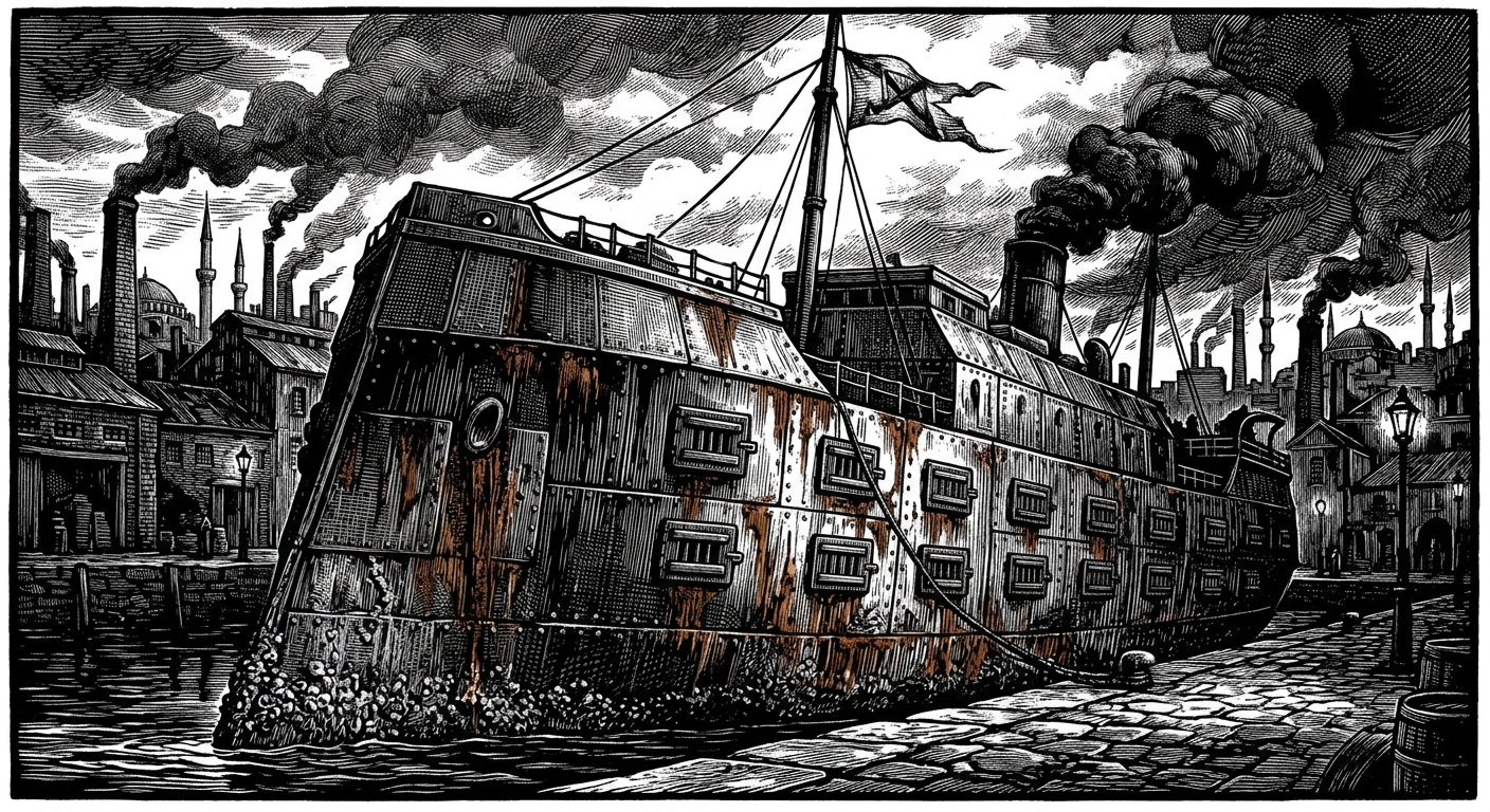 Dark woodcut of the Catacomb-Carrier Threnody moored at a stone pier in the Foundry Quarter — a heavily armored vessel with sealed catacomb hatches along its hull, rust-streaked, barnacled, a single Bureau pennant still flying.