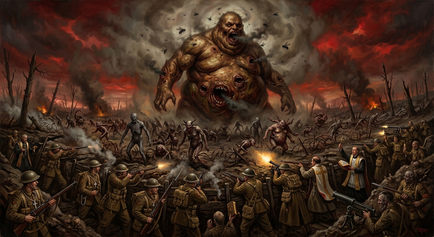 Oil painting: Kargath, vast and bloated, looms over the Sagittal Line as demon armies surge across No Man's Land. WWI-uniformed soldiers and priests hold the line against Maw-Born, Hollow-Walkers, and Gorged. Renaissance grimdark.
