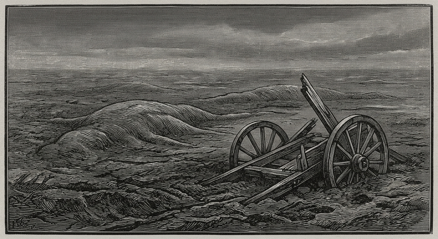 Woodcut engraving: the Blightmarsh — vast grey mud plains stretching to the horizon, shapes moving beneath the surface, a single broken wagon half-submerged. No sky visible; the clouds are the same grey as the mud.