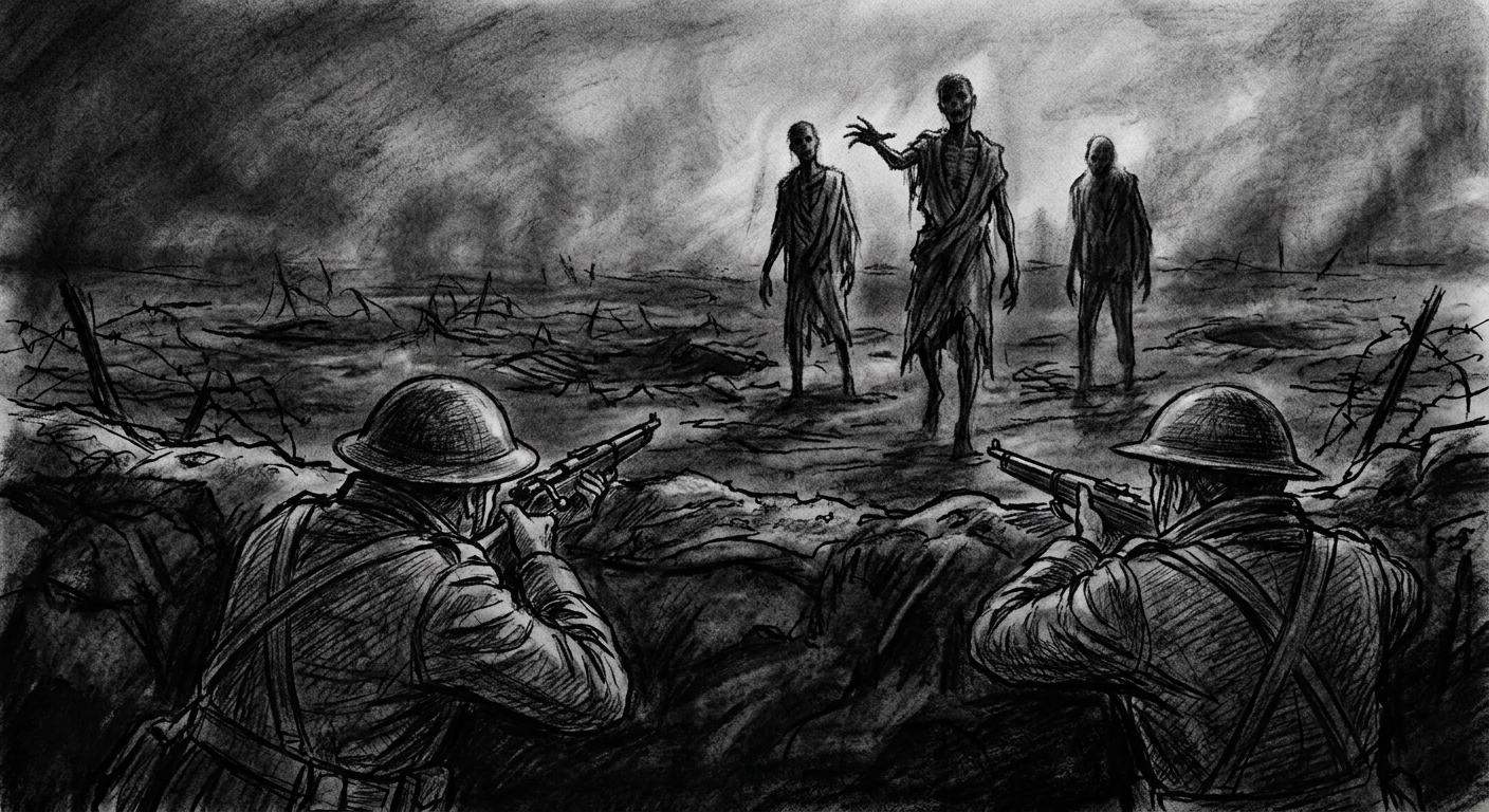 Charcoal sketch: three emaciated Hollow-Walkers approaching a trench at night from No Man's Land, skeletal but upright, one with its arm raised as if asking for help. Synod soldiers silhouetted in the foreground.