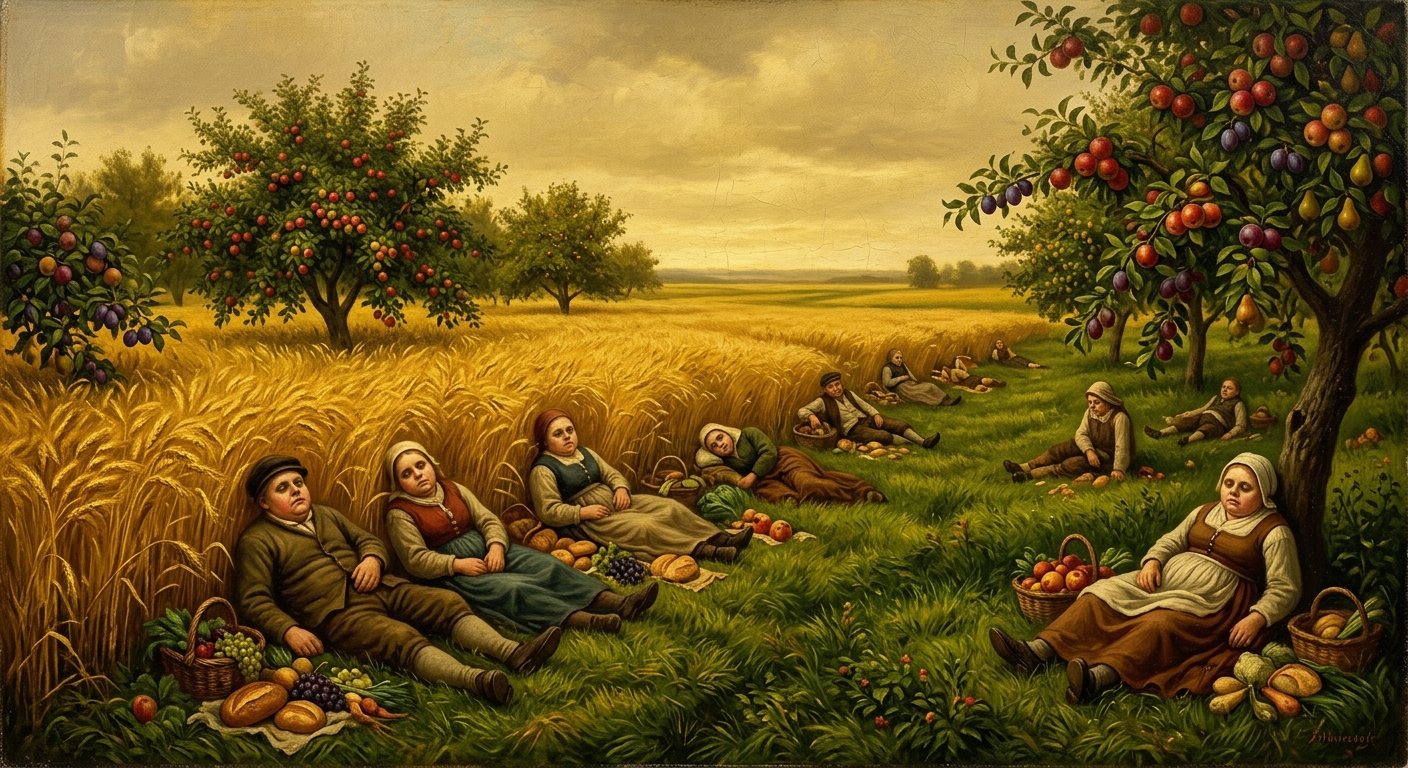 Oil painting: impossibly lush fields in the demonic east — golden wheat, overflowing fruit trees, vivid greens — but at the edges, bodies with round cheeks and hollow eyes, surrounded by uneaten food. Beauty and horror in one frame.