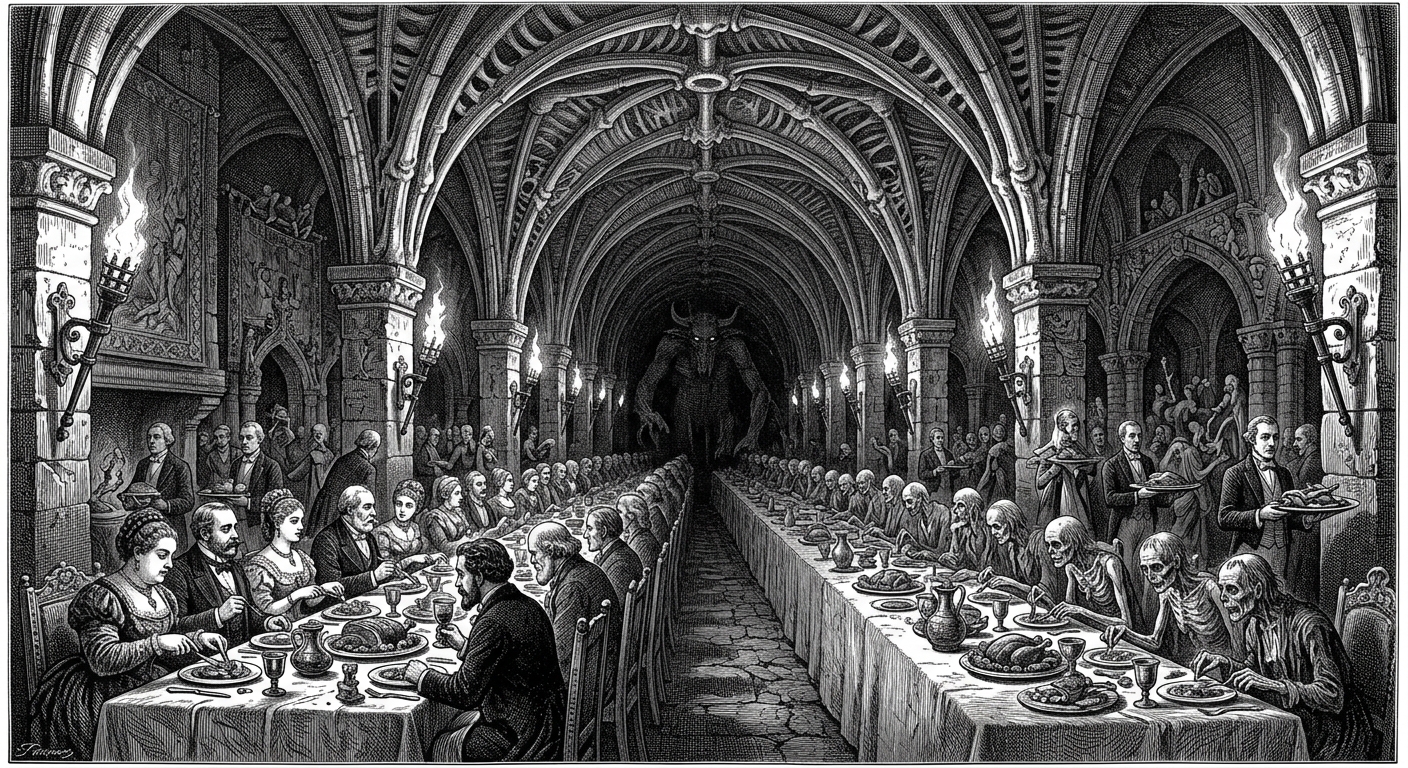 Victorian engraving: an endless feast hall — bone-vaulted ceiling, iron sconces, a table stretching to darkness. Figures at the table grow thinner toward the far end. Servants bring endless courses. At the head, something vast and patient waits.