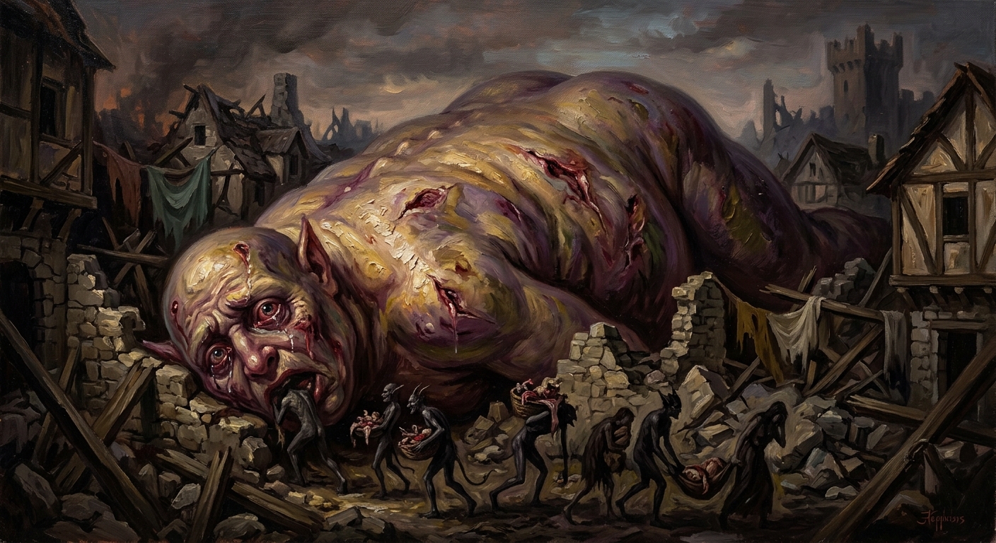 Dark oil painting: one of the Gorged — a demon swollen beyond all proportion, barely mobile, lying across the ruins of a village it has consumed. Smaller demons bring it offerings. It is still crying out. The expression is distress, not satisfaction.