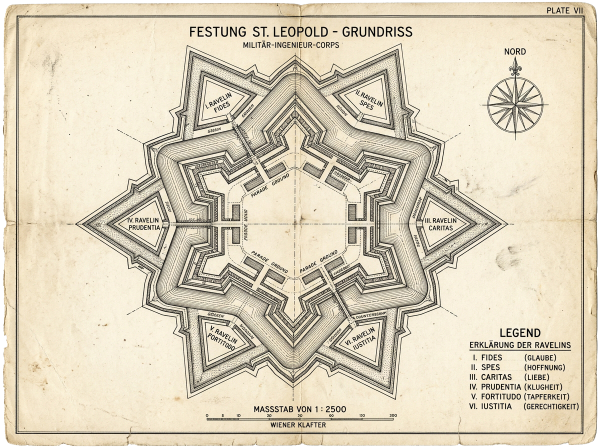 Diagrammatic plan of the six outer ravelins of Bastion-Constantinople, each labelled with its dedicatory virtue, the ramparts inscribed with bell-range arcs radiating outward.