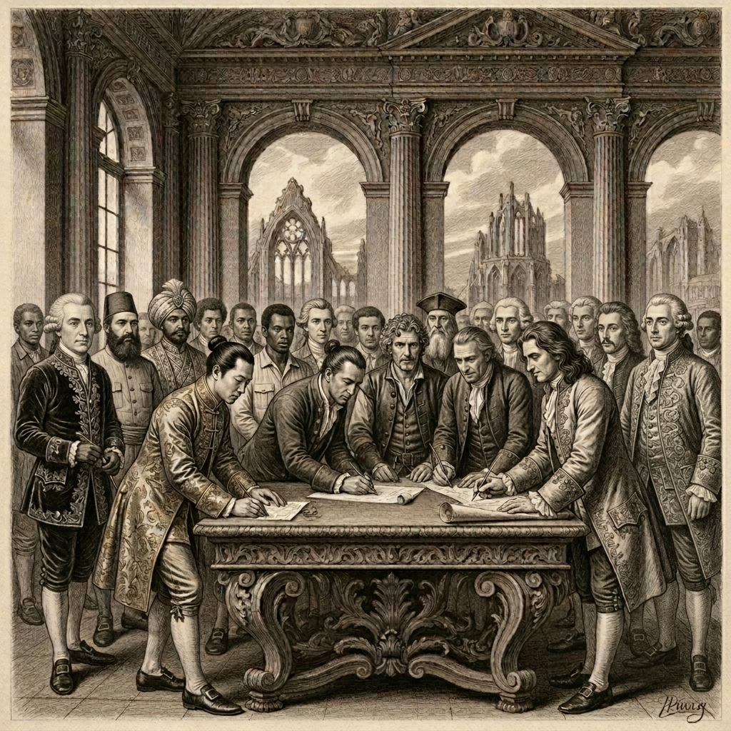 A charcoal drawing of Rationalist leaders in an ornate hall signing a treaty, cathedral ruins visible through windows.