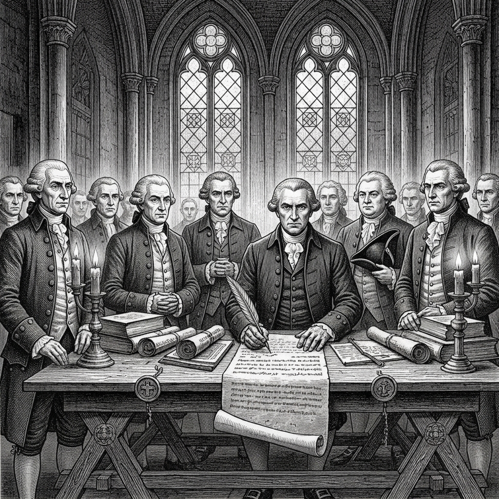 Woodcut engraving of stern clergymen in late Victorian clerical robes signing documents at a large table covered in wax seals and parchment.