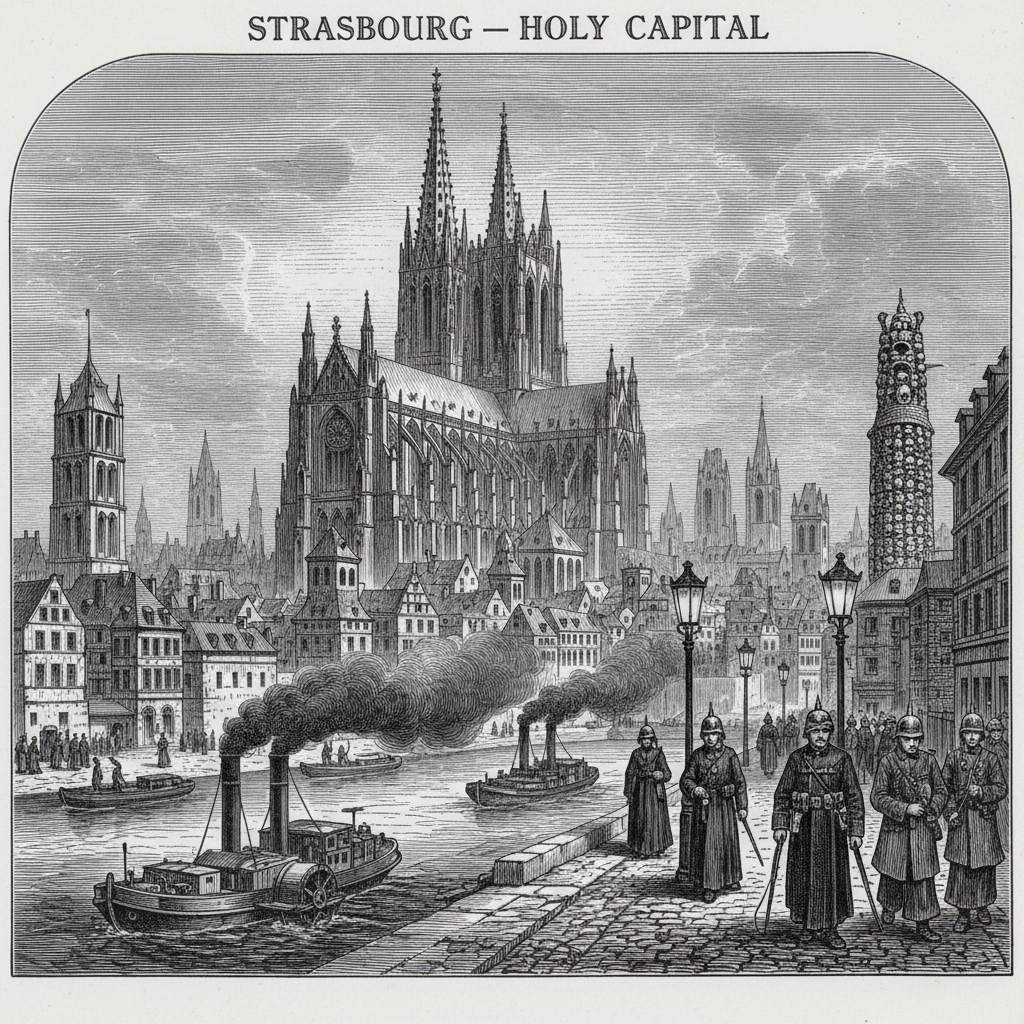 Steel engraving panorama of Strasbourg showing the Cathedral's impossibly tall spires, fortress-like Bureau buildings, bell towers, and the Rhine with barges, under heavy clouds.