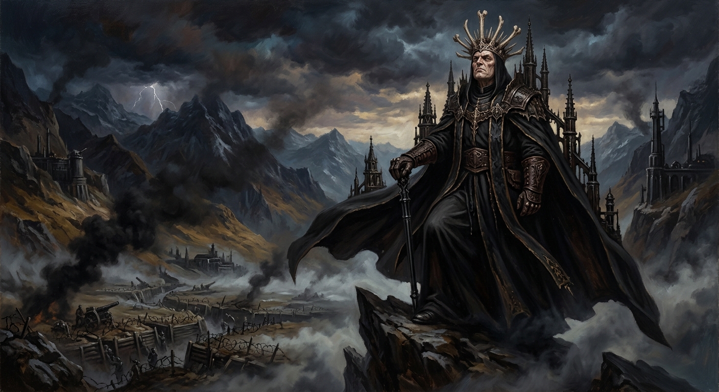 Atheron the Exalted stands atop the highest Carpathian peak, black iron spires rising around him