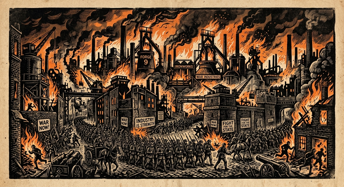 A Crucible City — industrial fortress consumed by perpetual conflict
