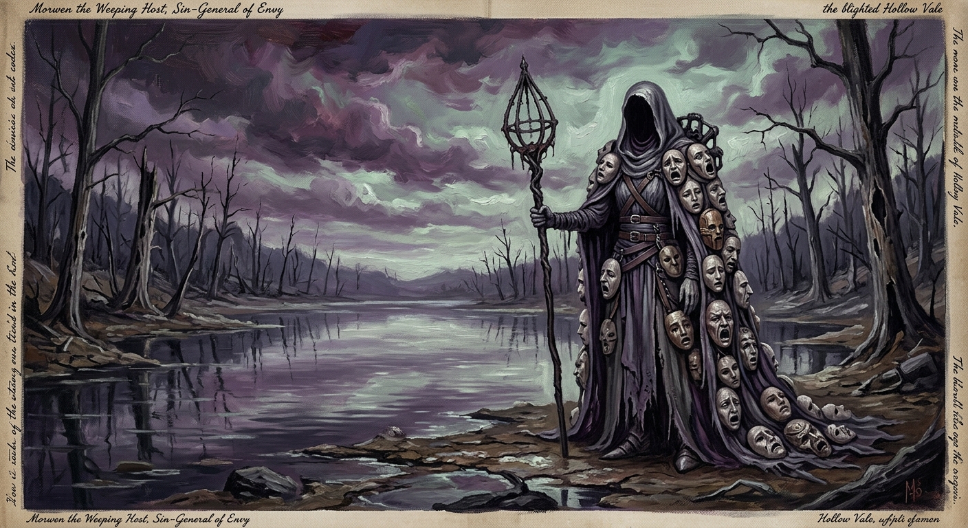 Morwen the Weeping Host standing at the edge of a mirror-lake, her form draped in hundreds of stolen faces