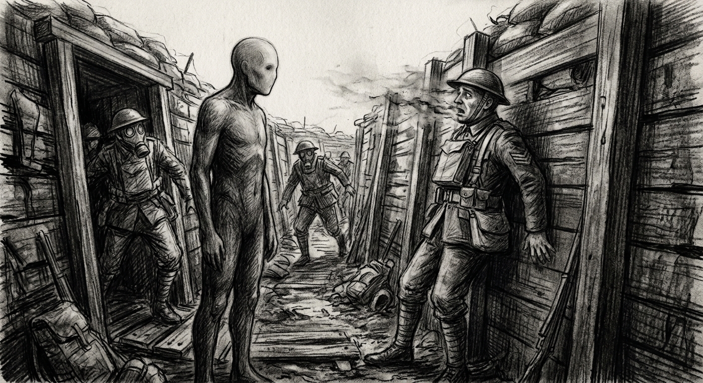 A Hollow One — featureless humanoid absorbing a soldier's identity in a WWI trench