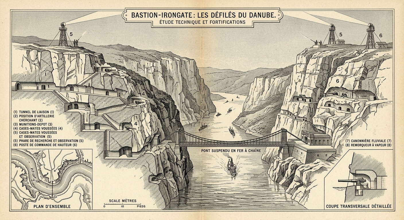 Bastion-Irongate — cannon batteries carved into the Iron Gates gorge cliffs, WWI fortifications