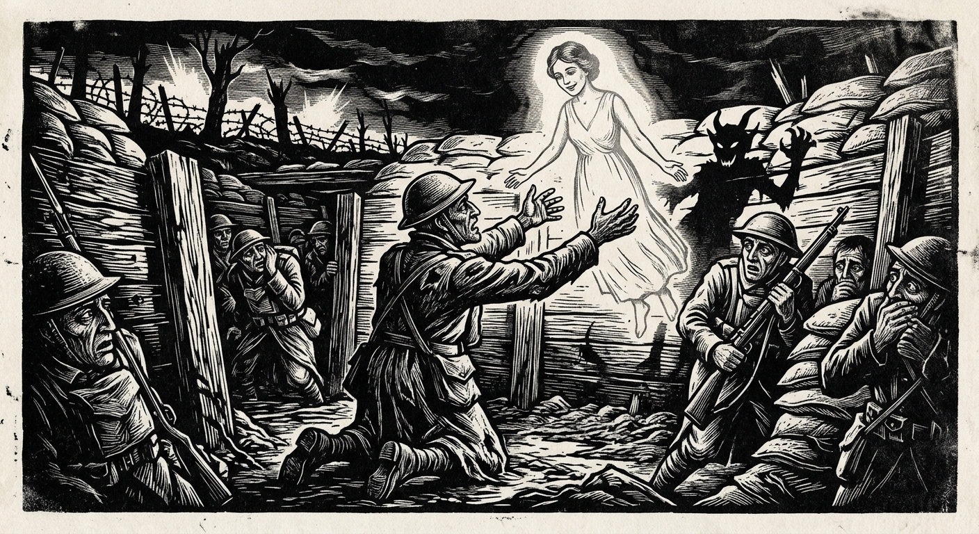 A Beloved demon wearing the face of a dead loved one approaches a kneeling soldier in a trench at night