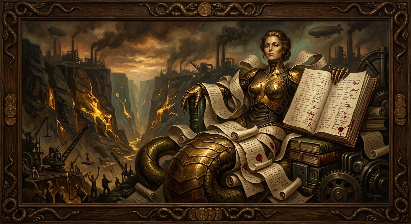 Velmora the Covetous Serpent, Sin-General of Greed, draped in golden contracts before the Gilded Chasm