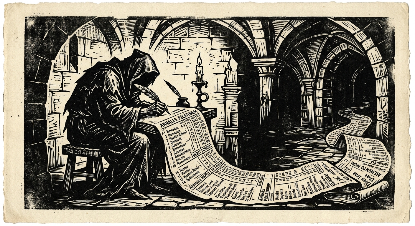 A Ledger-Keeper demon bent over an impossibly long book in a vaulted stone chamber