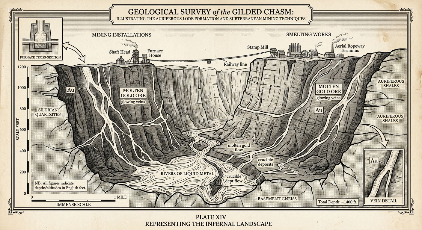 The Gilded Chasm, vast canyon with walls threaded by veins of molten gold ore