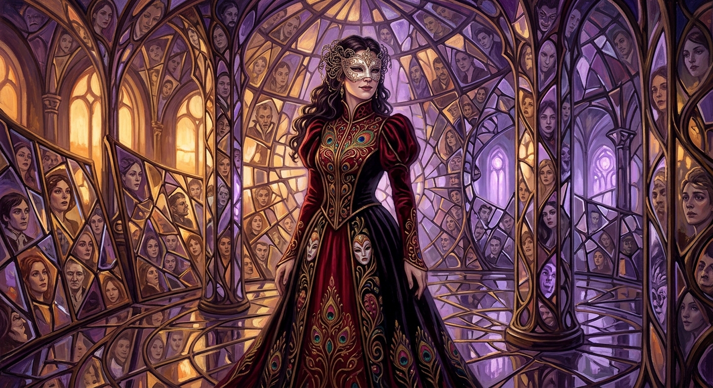 Oil painting of Velkara, Sin-General of Lust — a sinuous woman in crimson and black Victorian court dress wearing a porcelain half-mask, standing in the Shattered Courts amid fractured mirrors each reflecting a different face, amber and violet light.