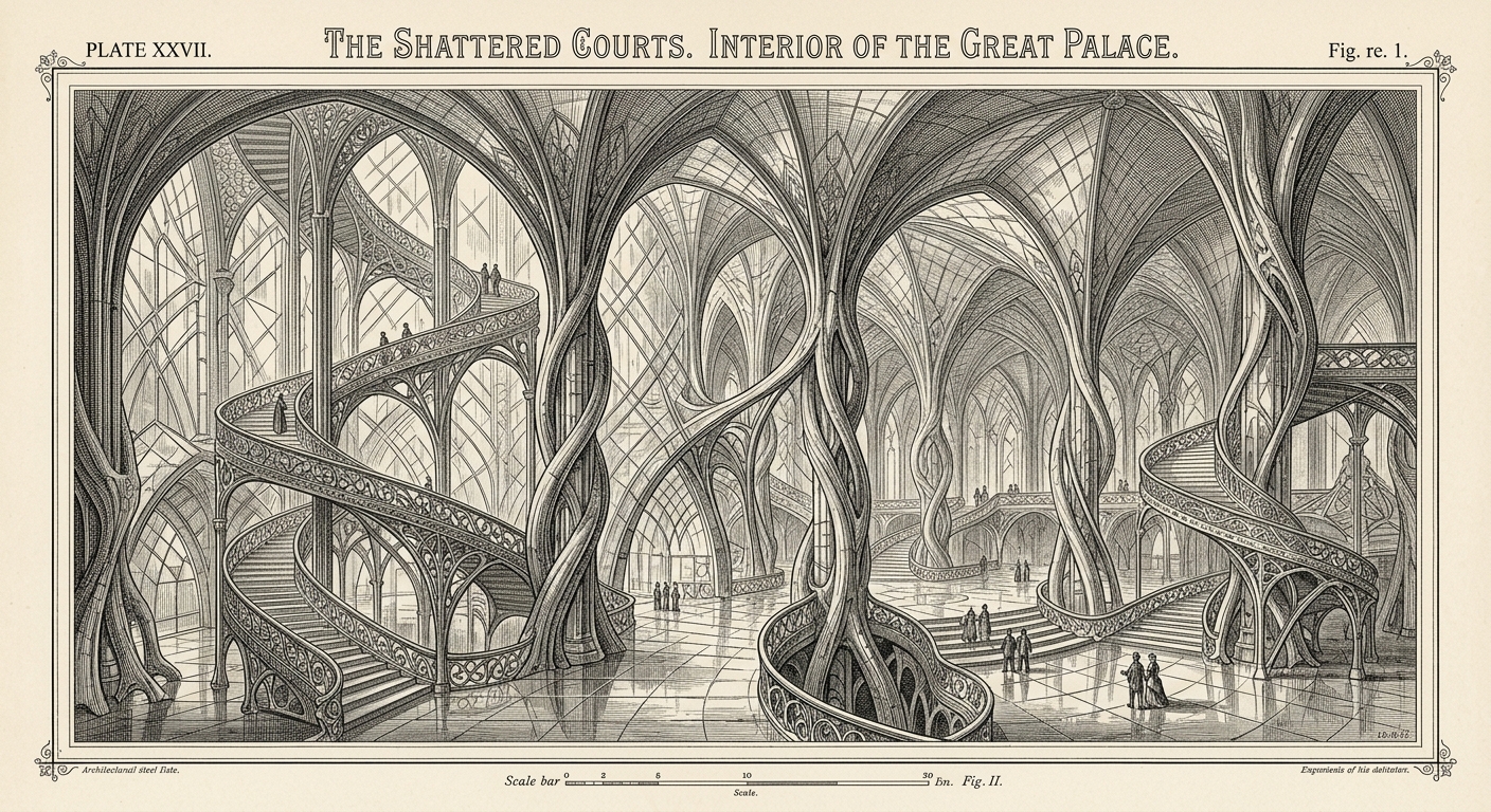 Steel engraving architectural plate of the Shattered Courts — a vast palace interior with Art Nouveau columns twisting like vines, iridescent glass ceilings, spiral staircases ascending into obscurity, tiny period-dress figures at great distance.