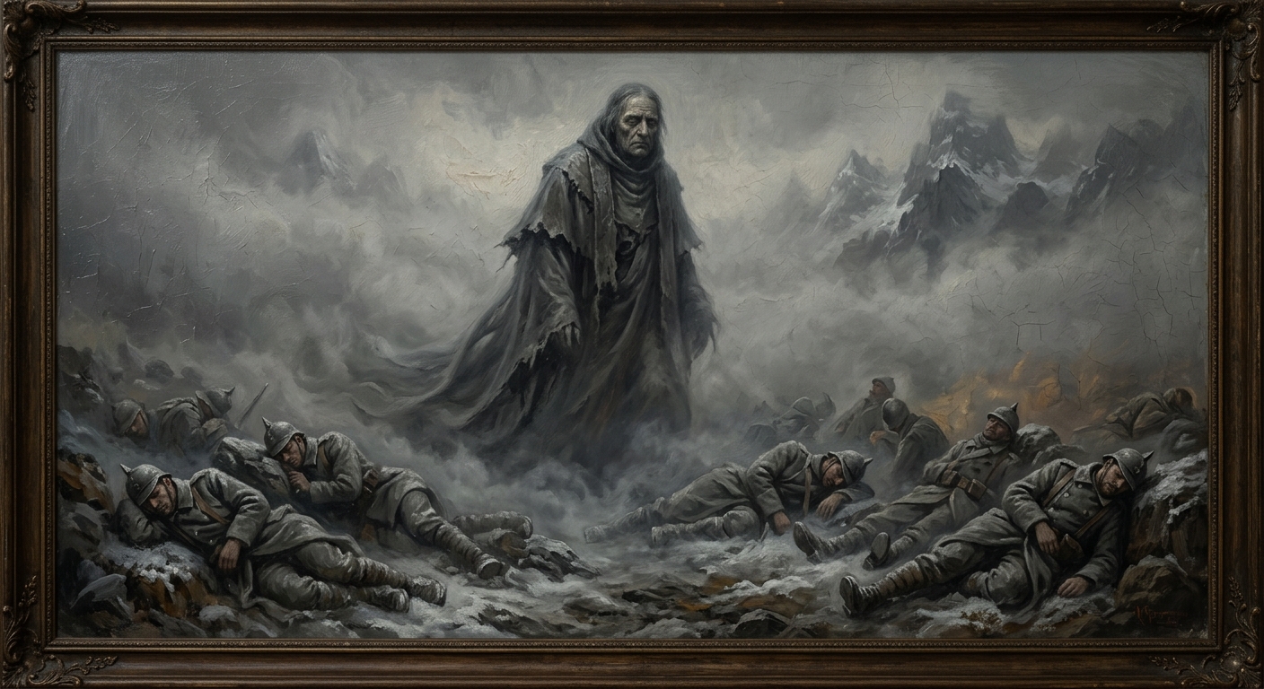 Oil painting of Syrion, Sin-General of Sloth — a vast spectral figure in torn Victorian robes, half-submerged in grey fog, with frozen WWI-era soldiers scattered unconscious at his feet, his expression one of bottomless indifferent patience.