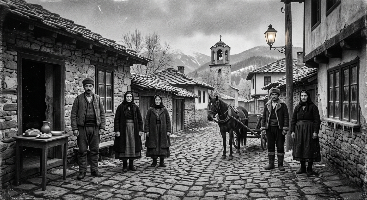 Archival 1900s photograph of a Bulgarian village street where six inhabitants stand motionless in Edwardian civilian dress, eyes open and vacant, a frozen cart horse behind them, plates of food untouched in a doorway, frost on everything.