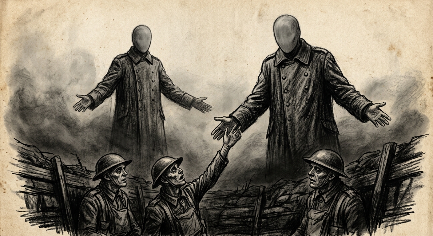 Charcoal drawing of two tall faceless Grey Heralds in WWI greatcoats emerging from fog with arms extended in invitation, while three exhausted soldiers in a trench below reach toward them, hollow-eyed and desperate.