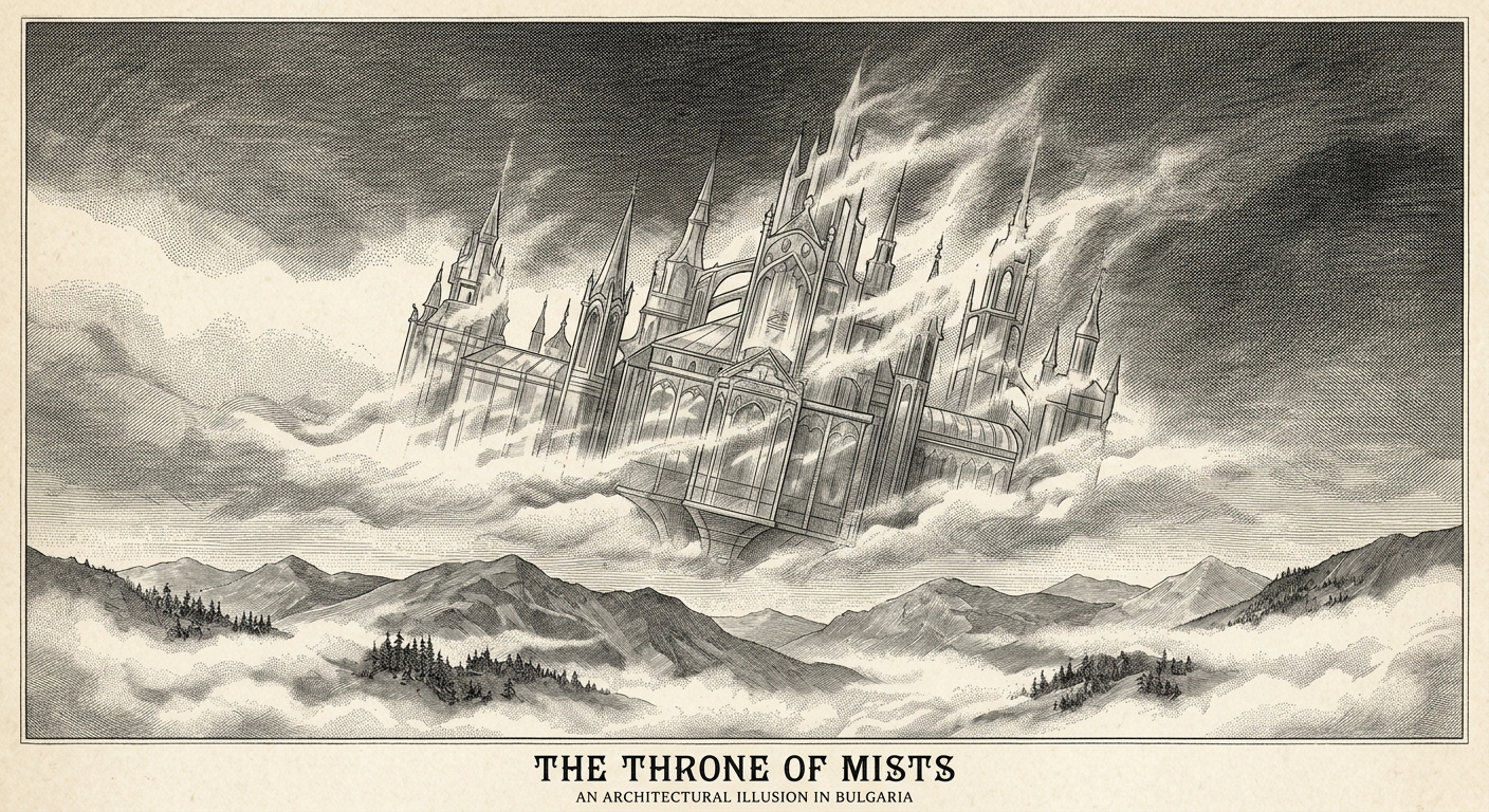 Steel engraving of the Throne of Mists — a glass palace with Art Nouveau spires dissolving into fog, floating above Bulgarian mountain ranges, its walls translucent and uncertain, the whole structure slightly tilted and unanchored.