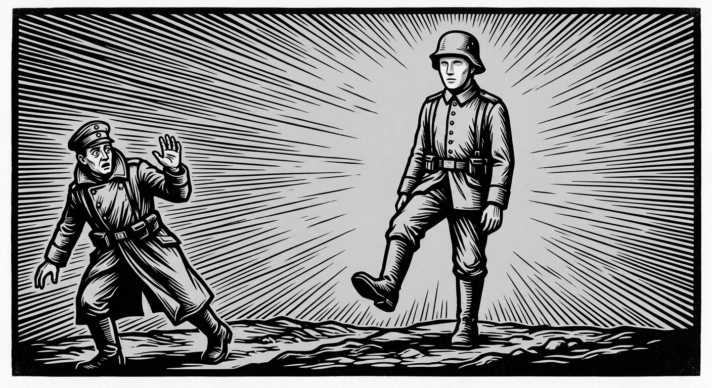 Stark black-and-white woodcut of a Still One — a humanoid figure in WWI uniform frozen mid-step in fog with a blank erased face — while a soldier in a greatcoat flees to the left looking back in horror.