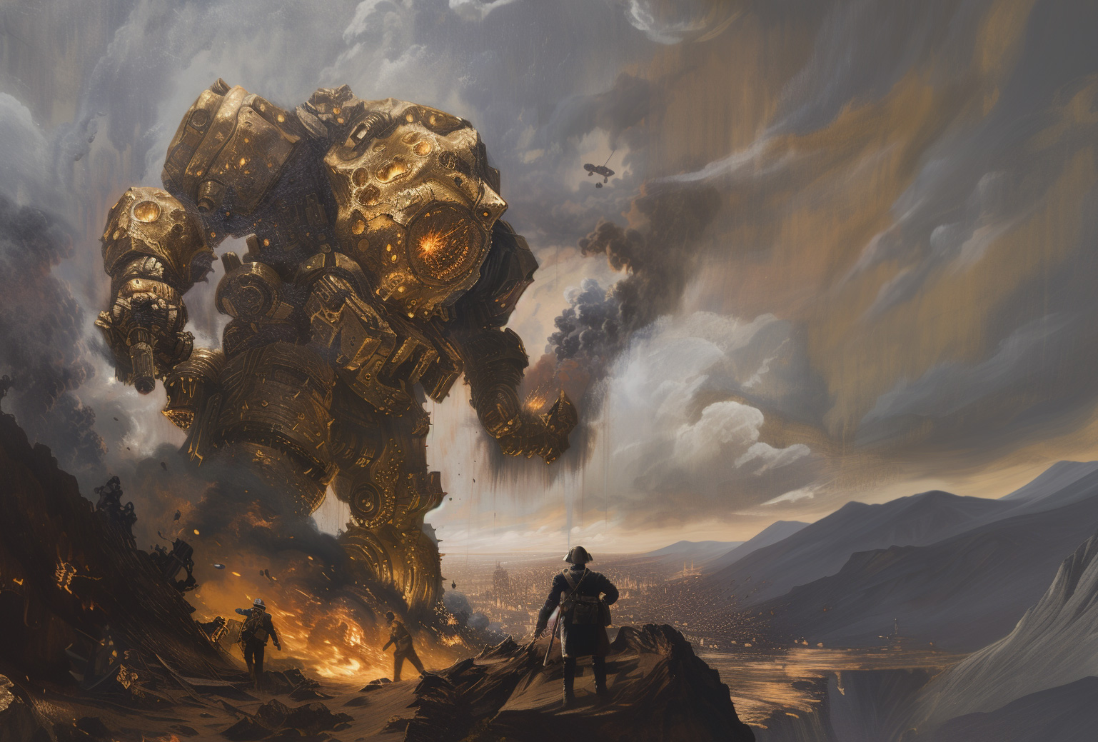 The Avarice Engine, a colossal golem of fused gold and silver crushing a WWI-era battlefield