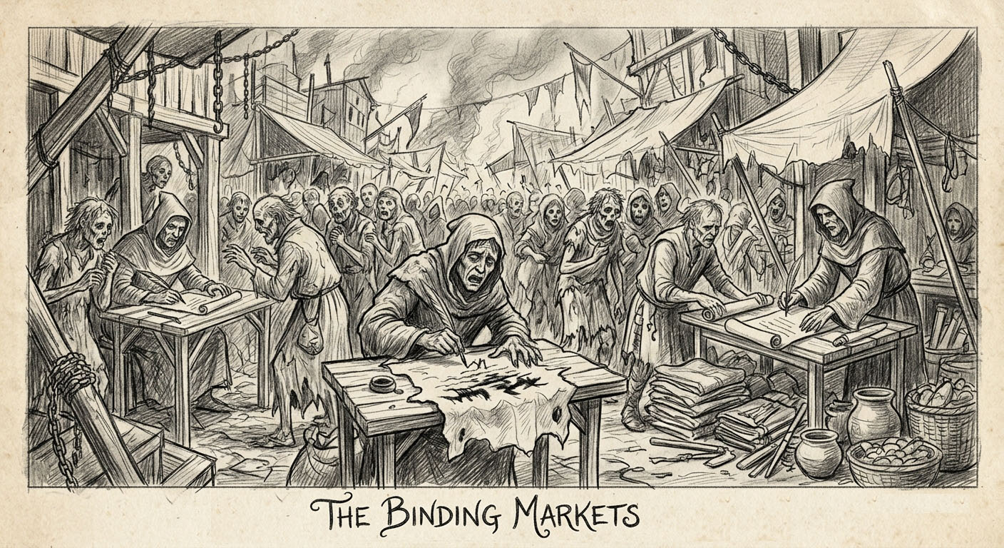 The Binding Markets, open-air exchange where parchment contracts are signed in period dress