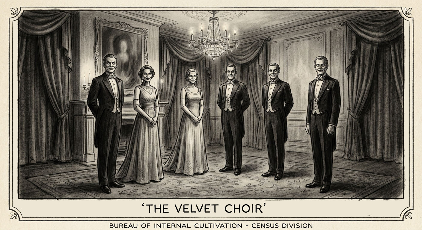 Charcoal sketch of six figures in 1900s evening wear — tailcoats, long gowns, elbow gloves — standing in a gas-lit salon, their faces too symmetrical, their expressions too carefully pleasant.