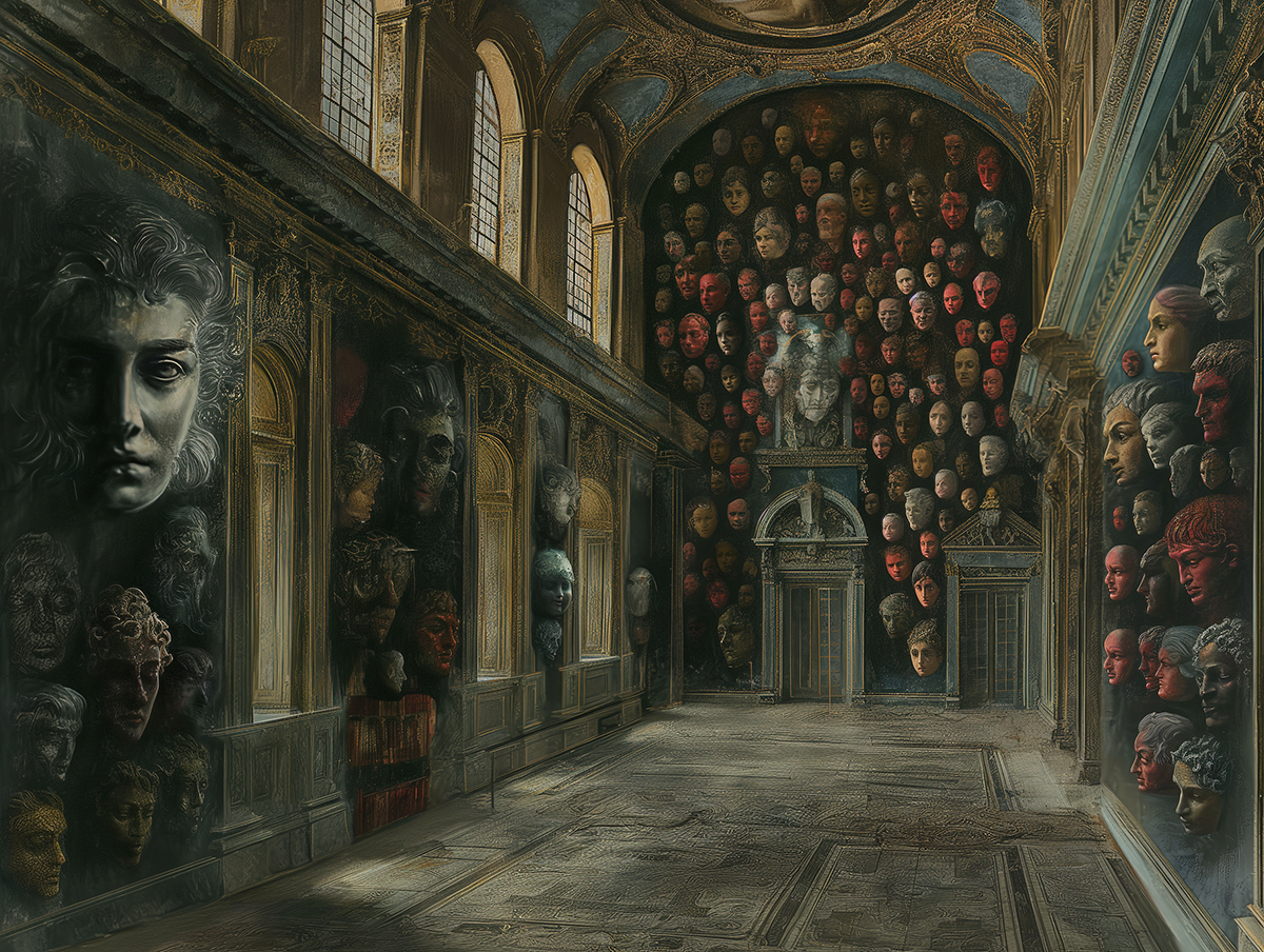 Oil painting of a Trophy Hall — gas-lit gallery interior, walls lined with rows of preserved faces and no bodies, a figure in period dress regarding them in silence.