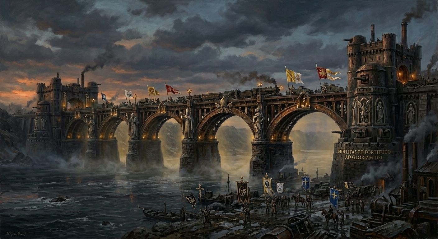 The brass-ribbed bridge-fortress of Bastion-Brest spanning the Bug River at twilight
