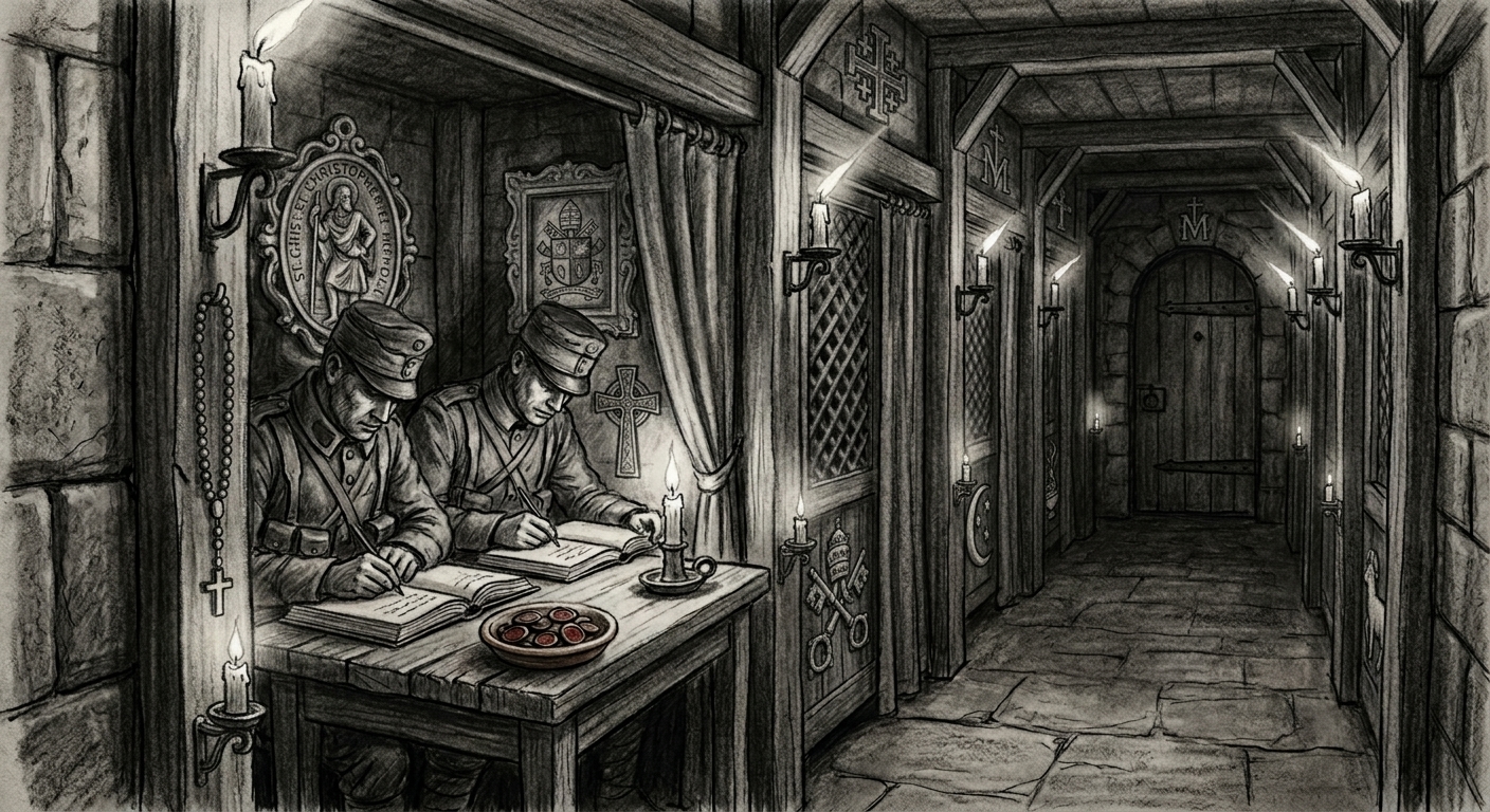 The Confessional Lanes — scribes at ledgers, candle flames bending toward a sealed booth