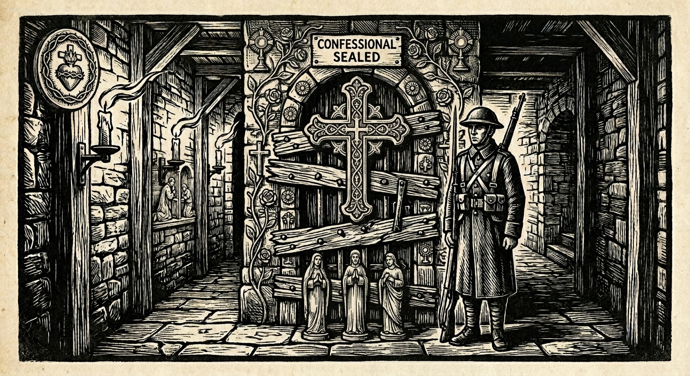 Booth 77 sealed with planks, a lone sentry before it, candle flames bending toward the door