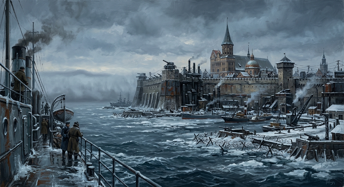 Bastion-Königsberg viewed from the Baltic Sea — a fortress city with iron-plated walls, Gothic cathedral bell towers, and frozen harbour, grey fog on the horizon