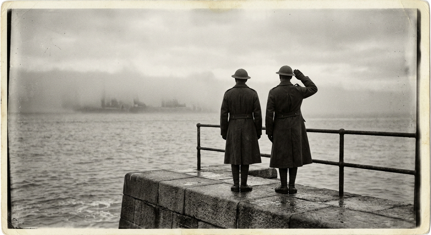 Two soldiers on the Sea Wall rampart, one saluting the empty fog offshore
