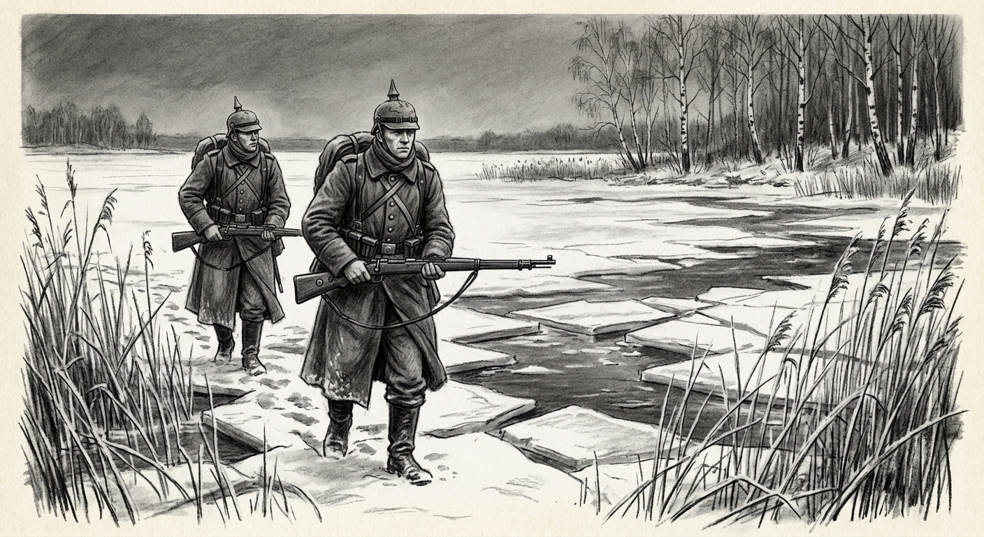 Masurian Watchers navigating frozen lake channels through reed-beds, carrying carbines