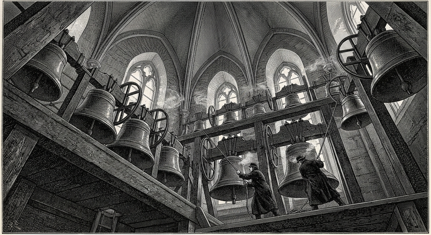 Interior of the Northern Carillon belfry — rows of bronze bells hanging above bell-ringers in black ecclesiastical coats